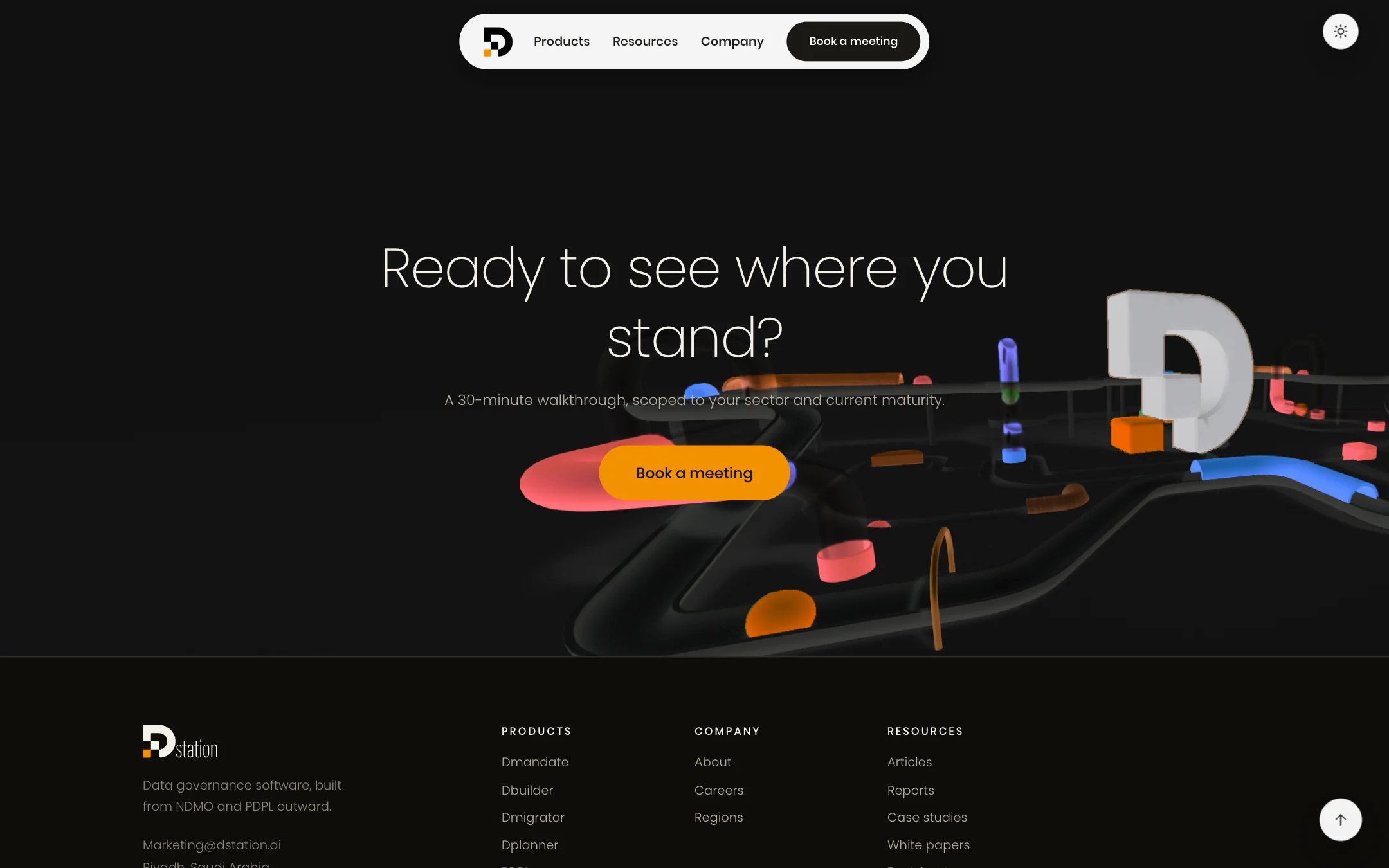 The closing call to action in the dark theme, the white D lit against the near-black scene