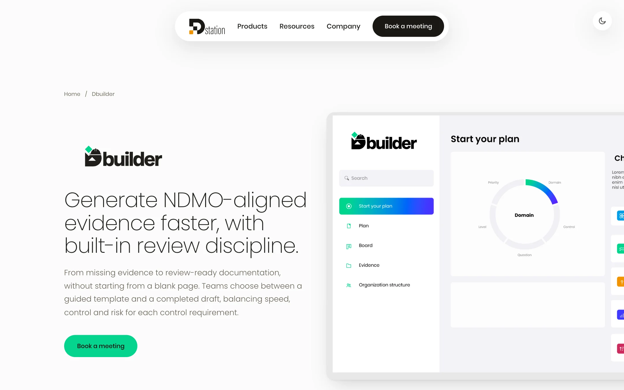 The Dbuilder page: Generate NDMO-aligned evidence faster, with built-in review discipline, beside its Start your plan screen