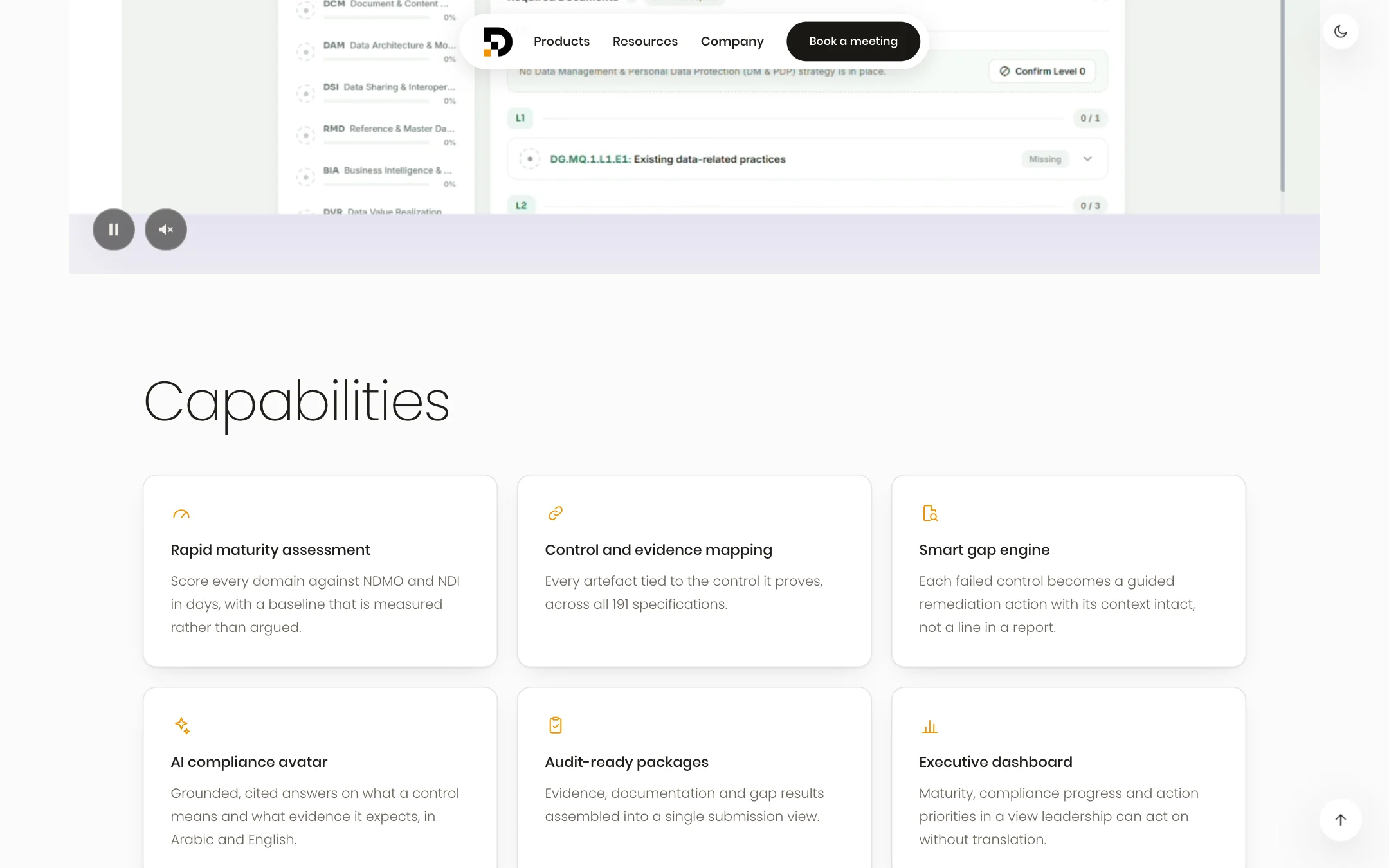 Dmandate's Capabilities: six cards, from Rapid maturity assessment and Control and evidence mapping to Audit-ready packages and Executive dashboard