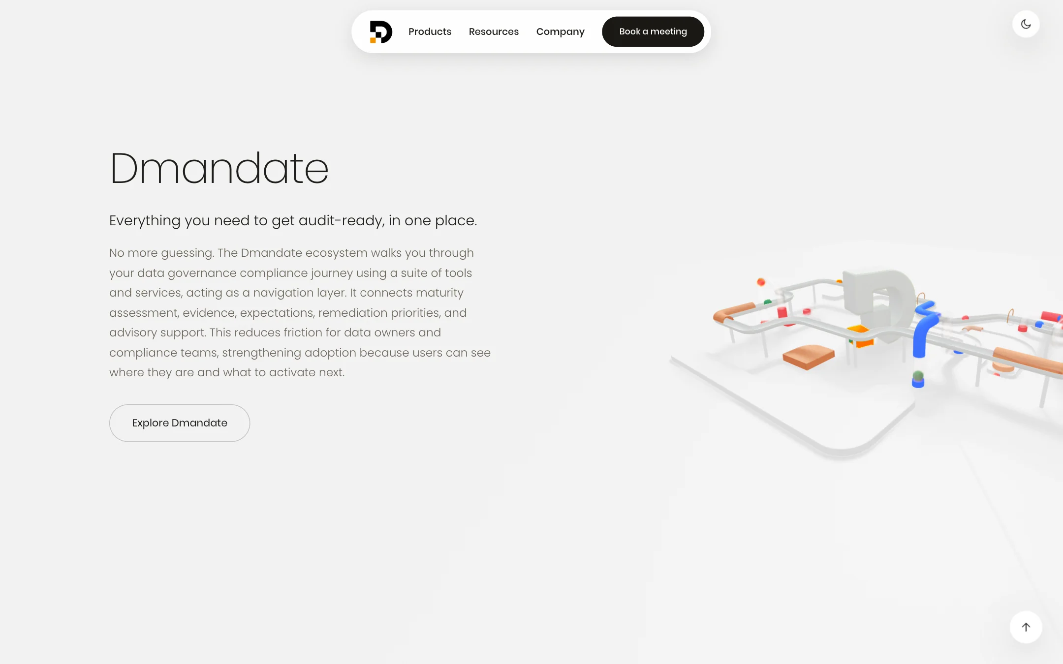The Dmandate chapter on the homepage: its name, Everything you need to get audit-ready, in one place, and an Explore Dmandate link, beside the 3D scene