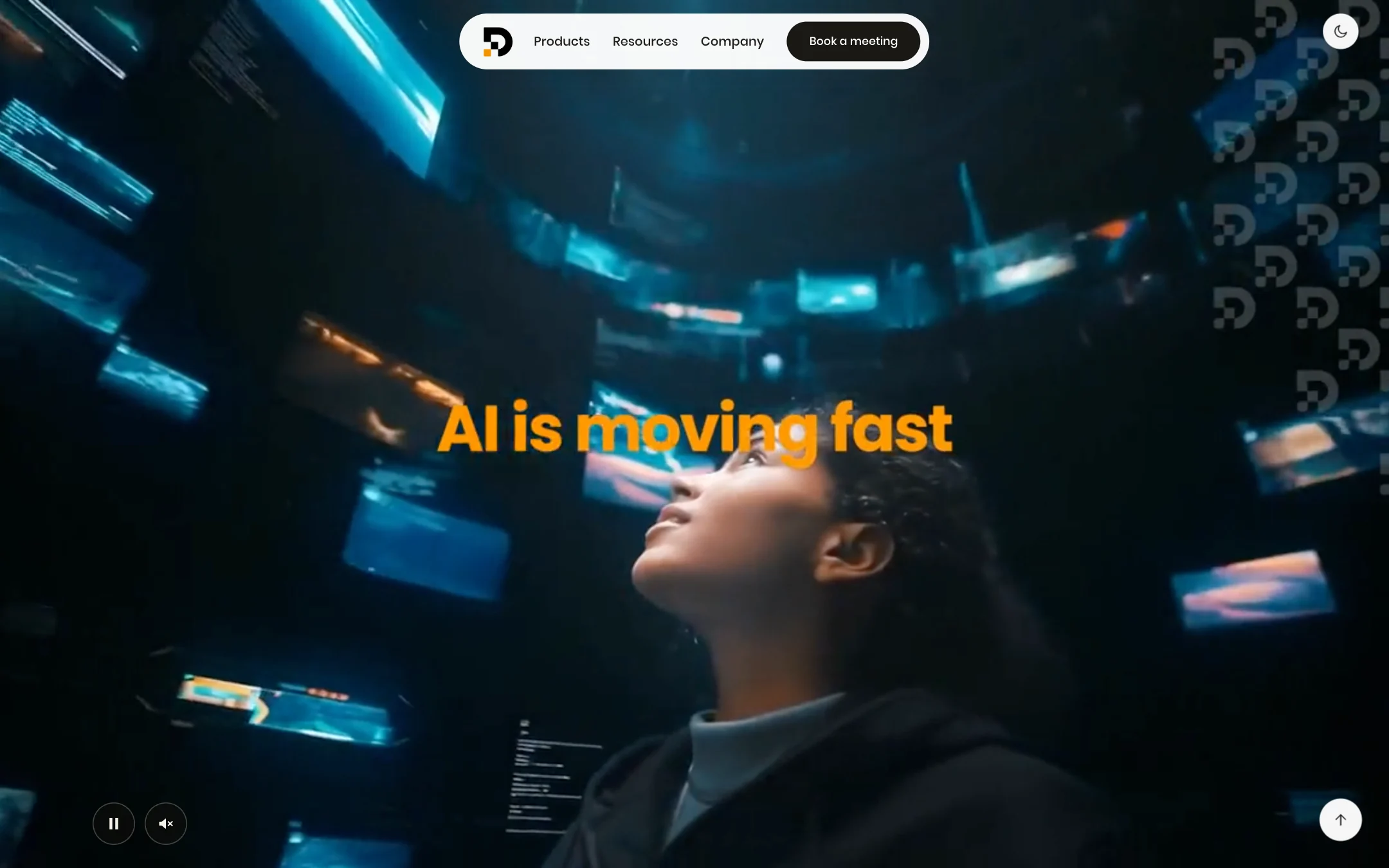 The homepage film: a person looking up into a tunnel of floating screens, with the words AI is moving fast in orange