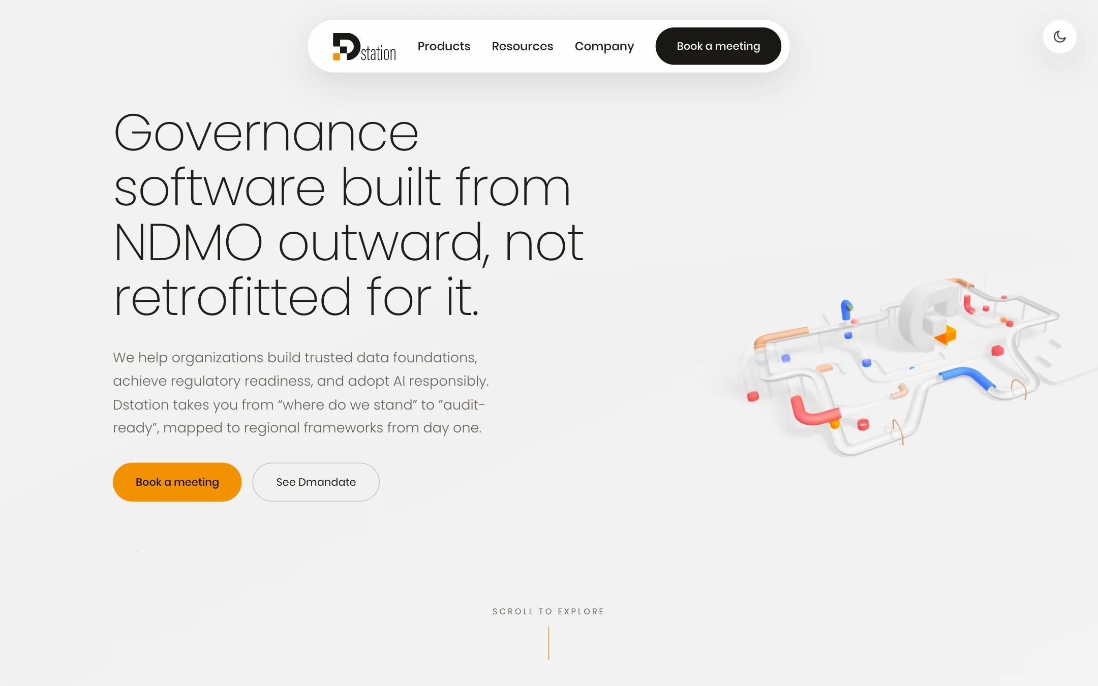 The dstation.ai homepage: the headline Governance software built from NDMO outward, not retrofitted for it, with Book a meeting and See Dmandate, beside a white 3D landscape of rails, ramps and coloured blocks