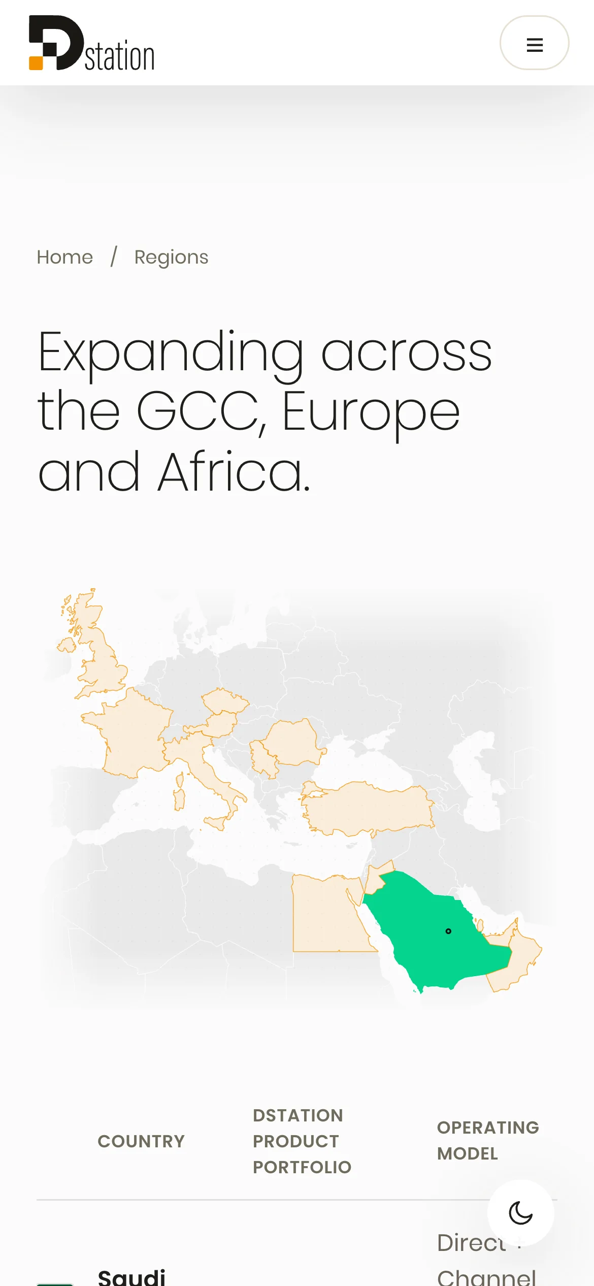 The Regions page on a phone