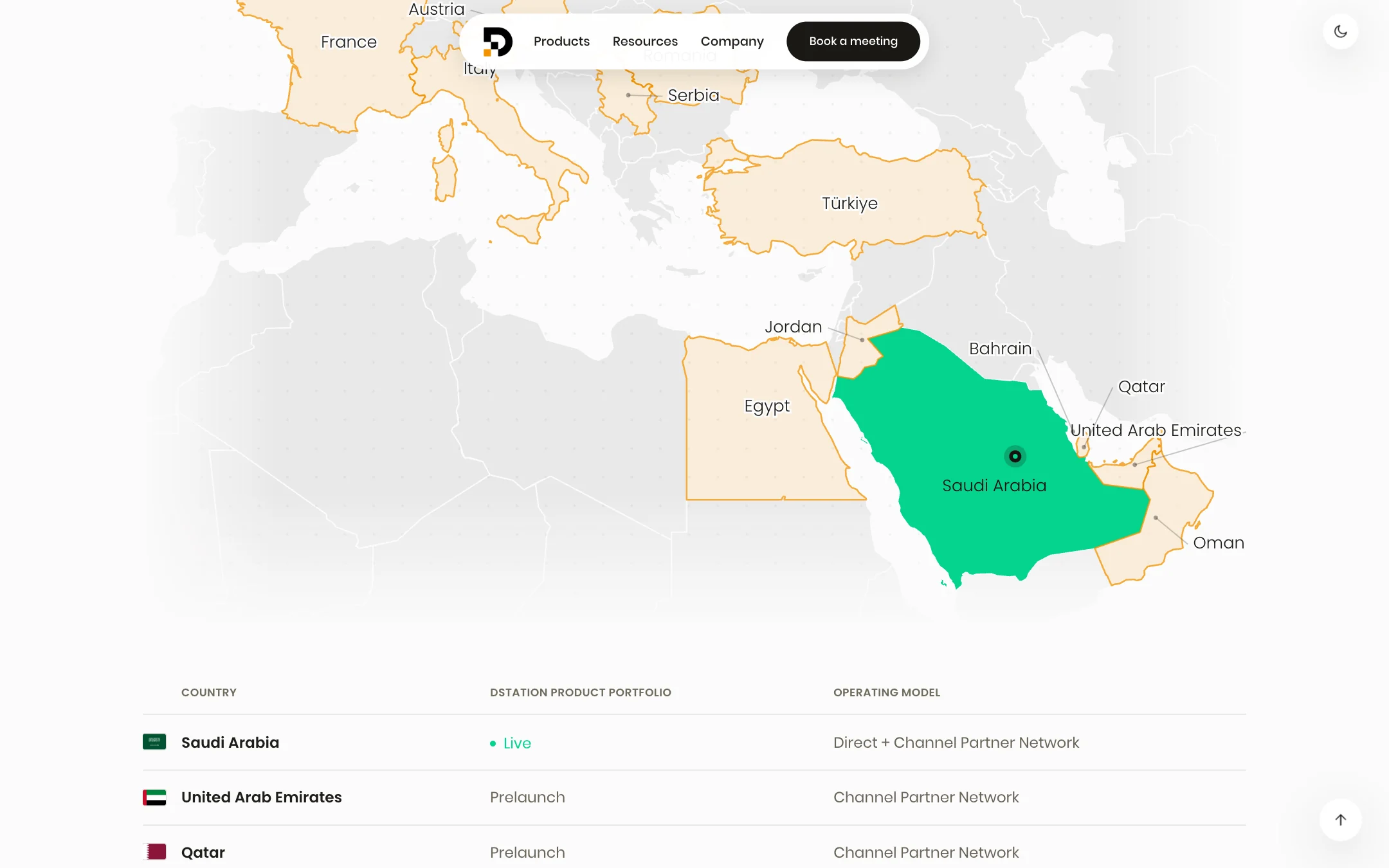 The Regions map: Europe, Türkiye and the Middle East in pale outline with Saudi Arabia in green, above a table of countries, product portfolios and operating models