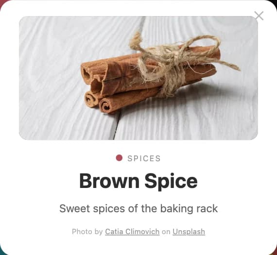 Flavour card: Brown Spice, in the Spices family. Sweet spices of the baking rack