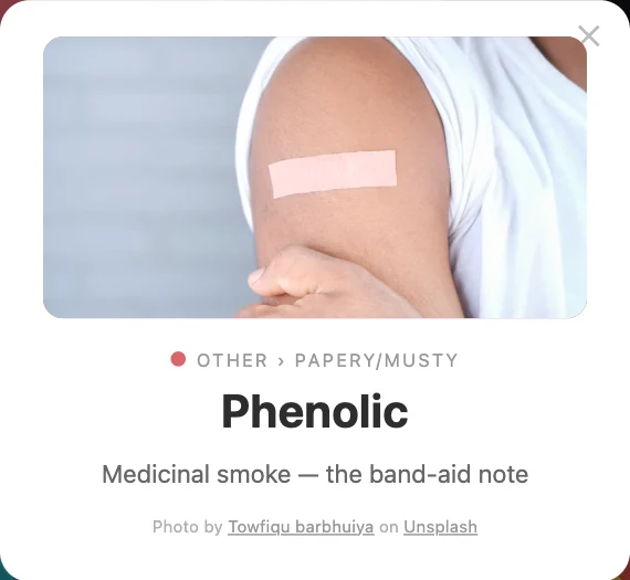 Flavour card: Phenolic, under Other and Papery/Musty. Medicinal smoke, the band-aid note
