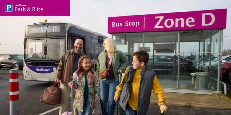 The Park & Ride tab’s photograph: a family with luggage beside a shuttle bus at the Zone D bus stop, labelled Park & Ride