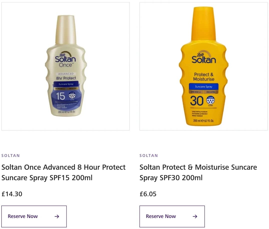 Two products from the Boots page, Soltan sun creams at £14.30 and £6.05, each with a Reserve Now button