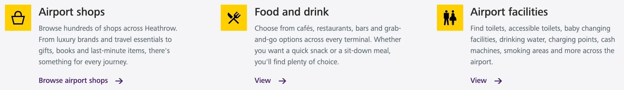 Three doors from Find it at Heathrow, each with a yellow icon: Airport shops, Food and drink and Airport facilities