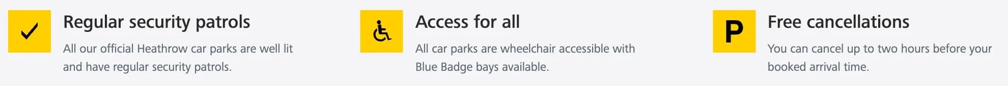 Three parking promises, each with a yellow icon: Regular security patrols, Access for all and Free cancellations