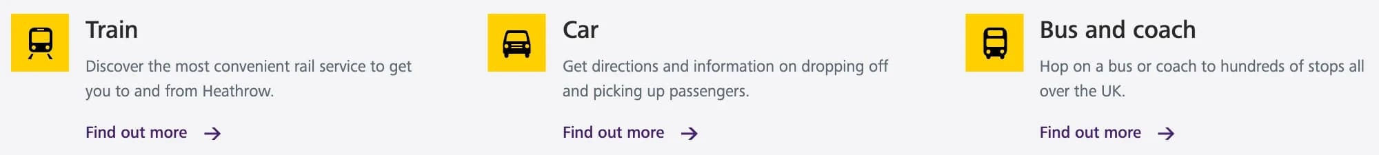 Three transport modes, each with a yellow icon: Train, Car and Bus and coach, with Find out more links