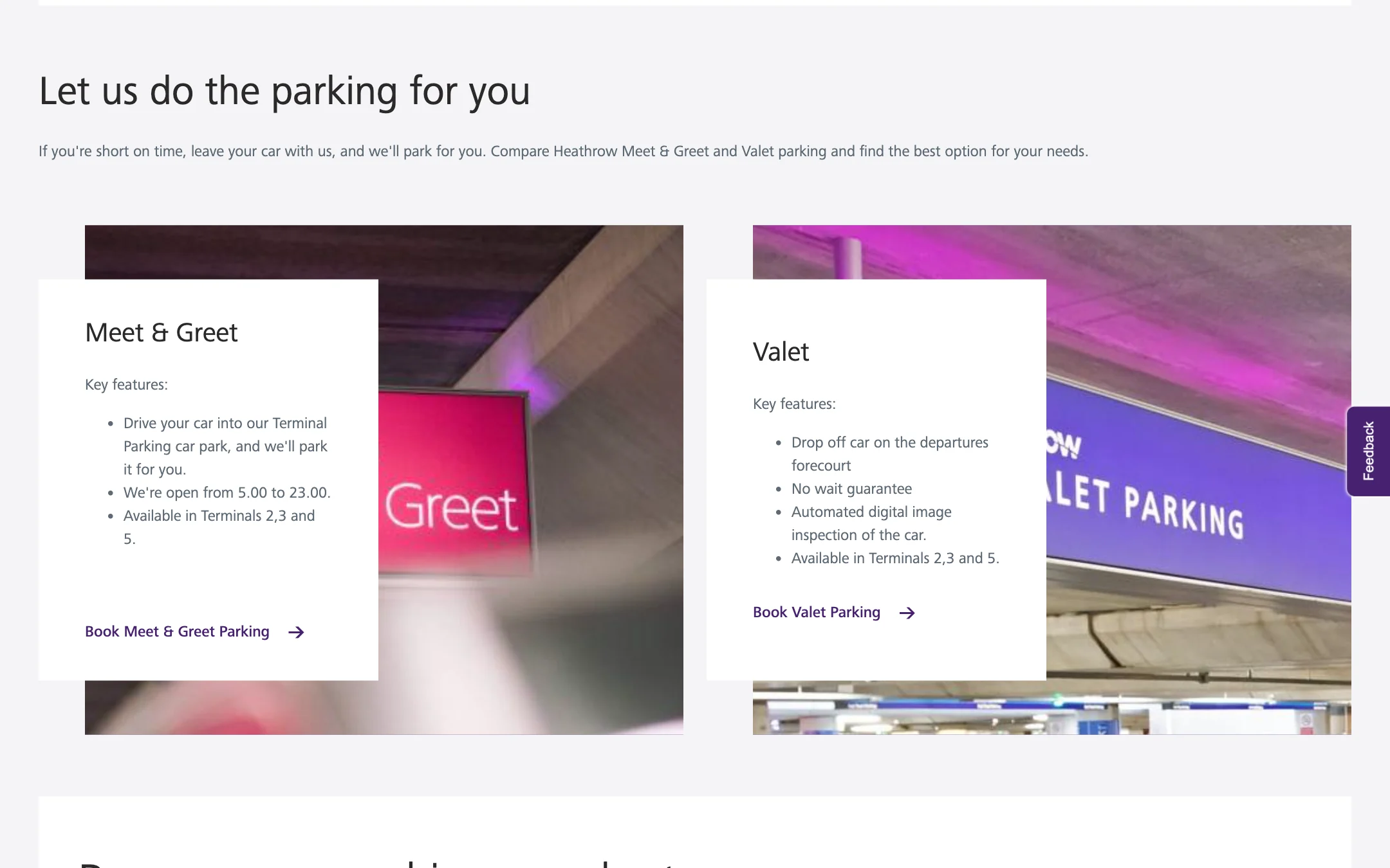 Let us do the parking for you: the Meet & Greet and Valet cards with their key features