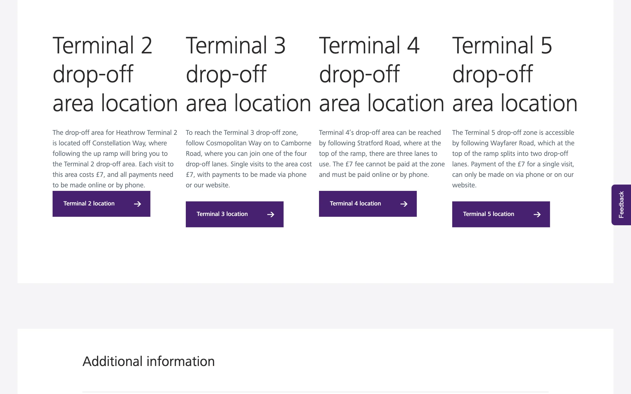 The Terminal Drop-Off Charge page's four columns: Terminal 2, 3, 4 and 5 drop-off area locations, each with directions and a location button