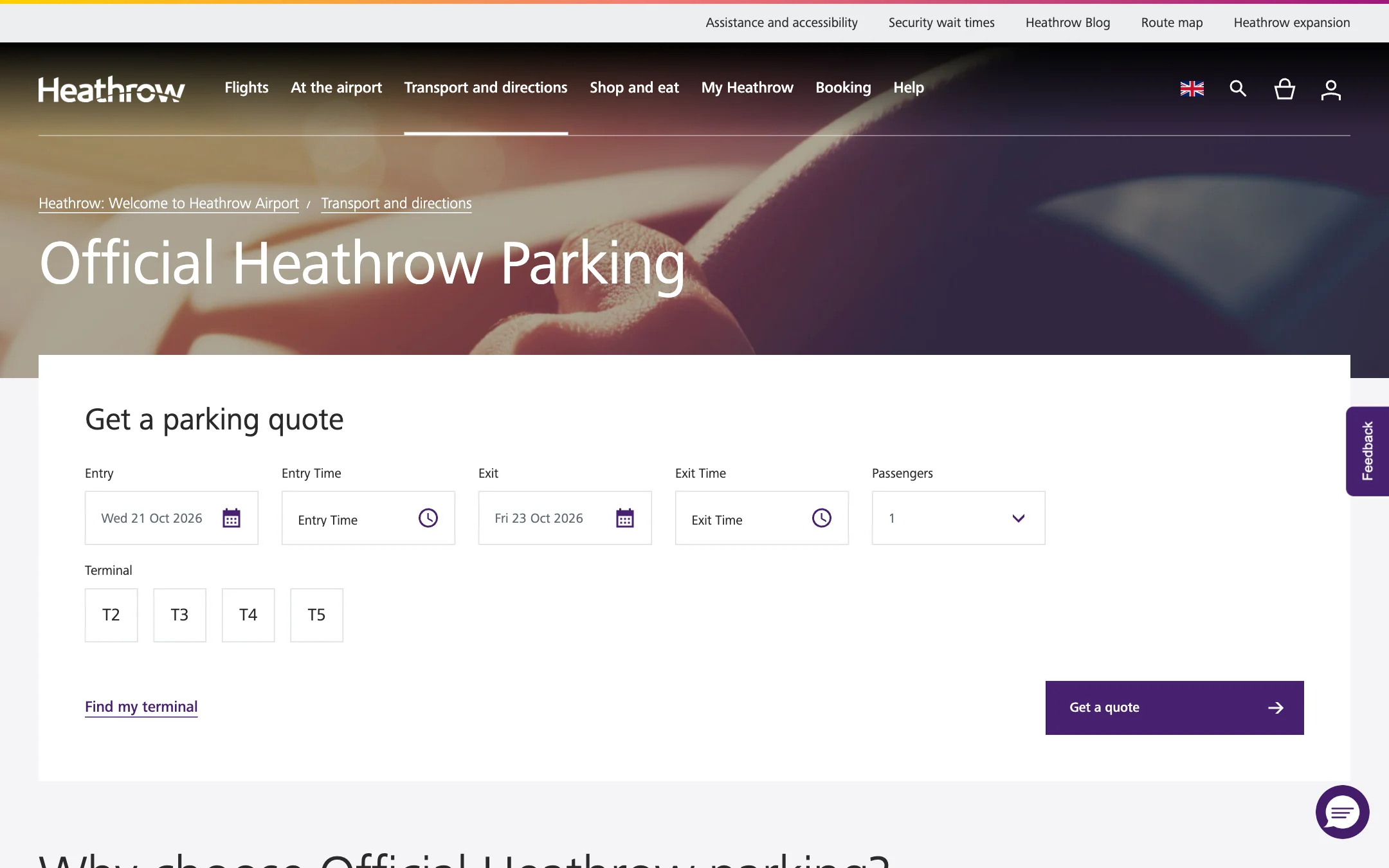 The Official Heathrow Parking page: a purple header, a photograph of hands on a steering wheel, and the Get a parking quote form with entry and exit dates, times, passengers and a terminal
