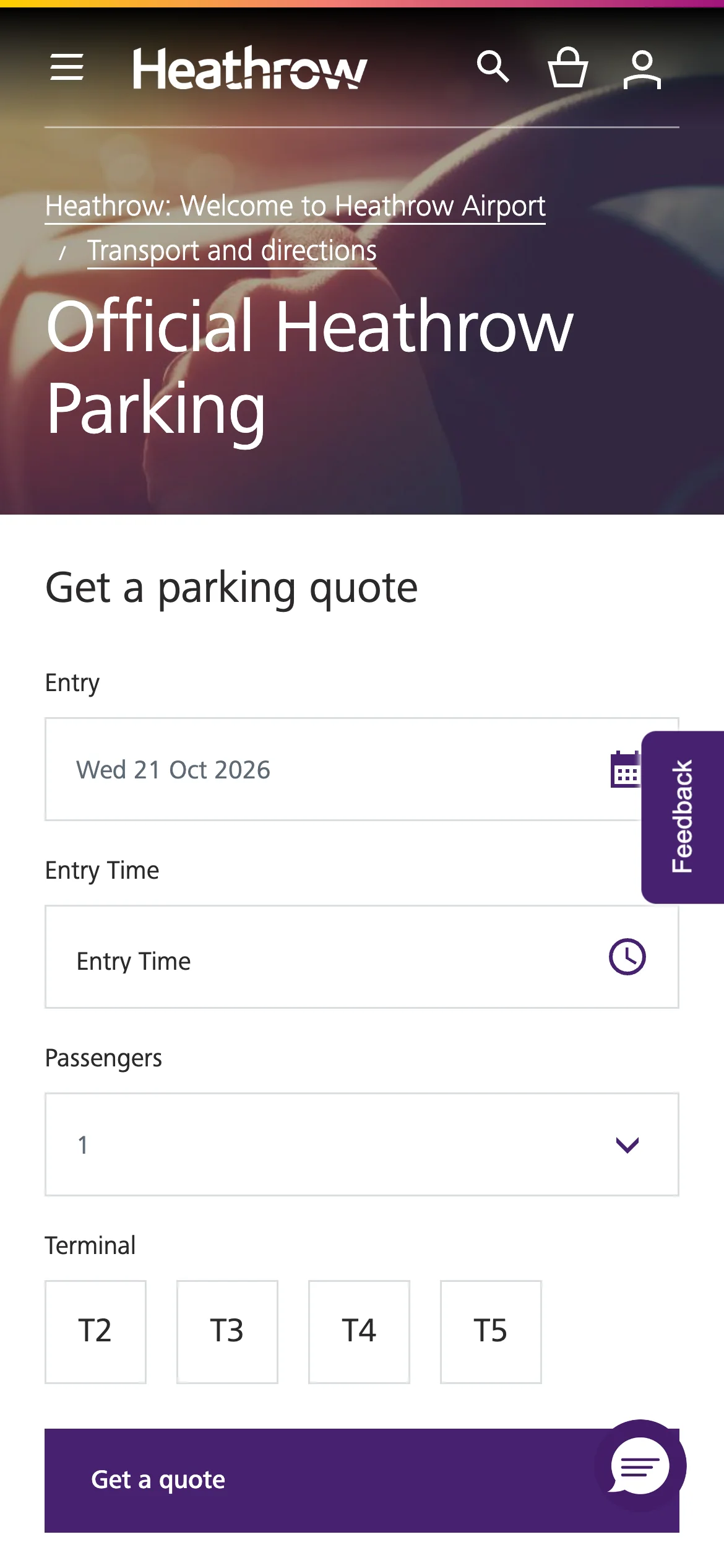 The Official Heathrow Parking page on a phone, with the quote form stacked under the title