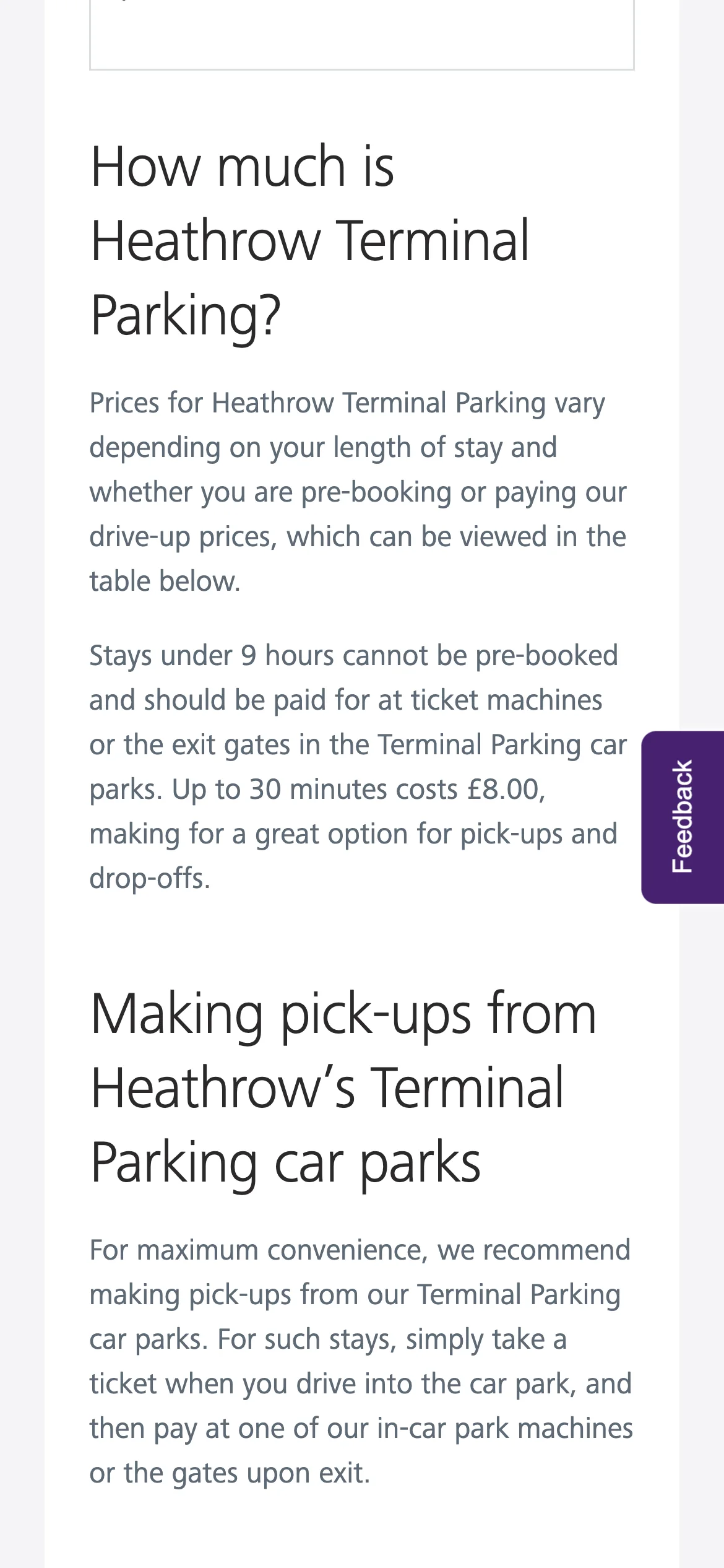 The Terminal Parking price table on a phone