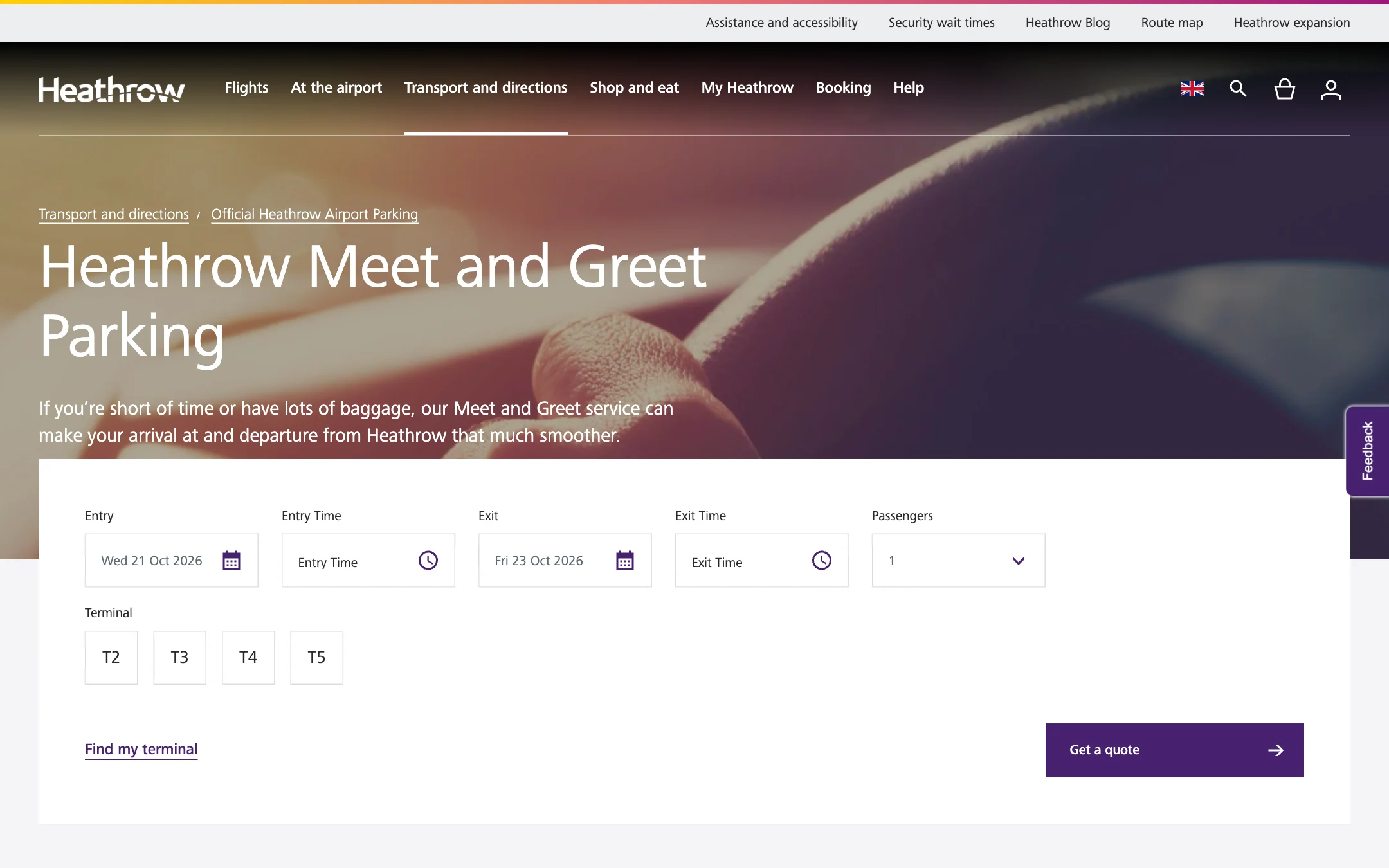 The Heathrow Meet and Greet Parking page with the quote form under its title