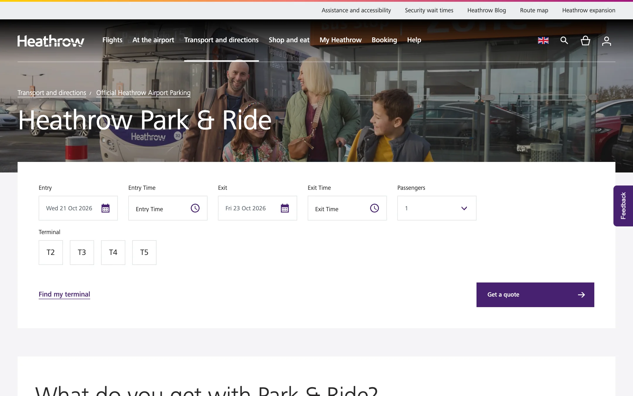 The Heathrow Park & Ride page: a photograph of travellers with luggage over the quote form