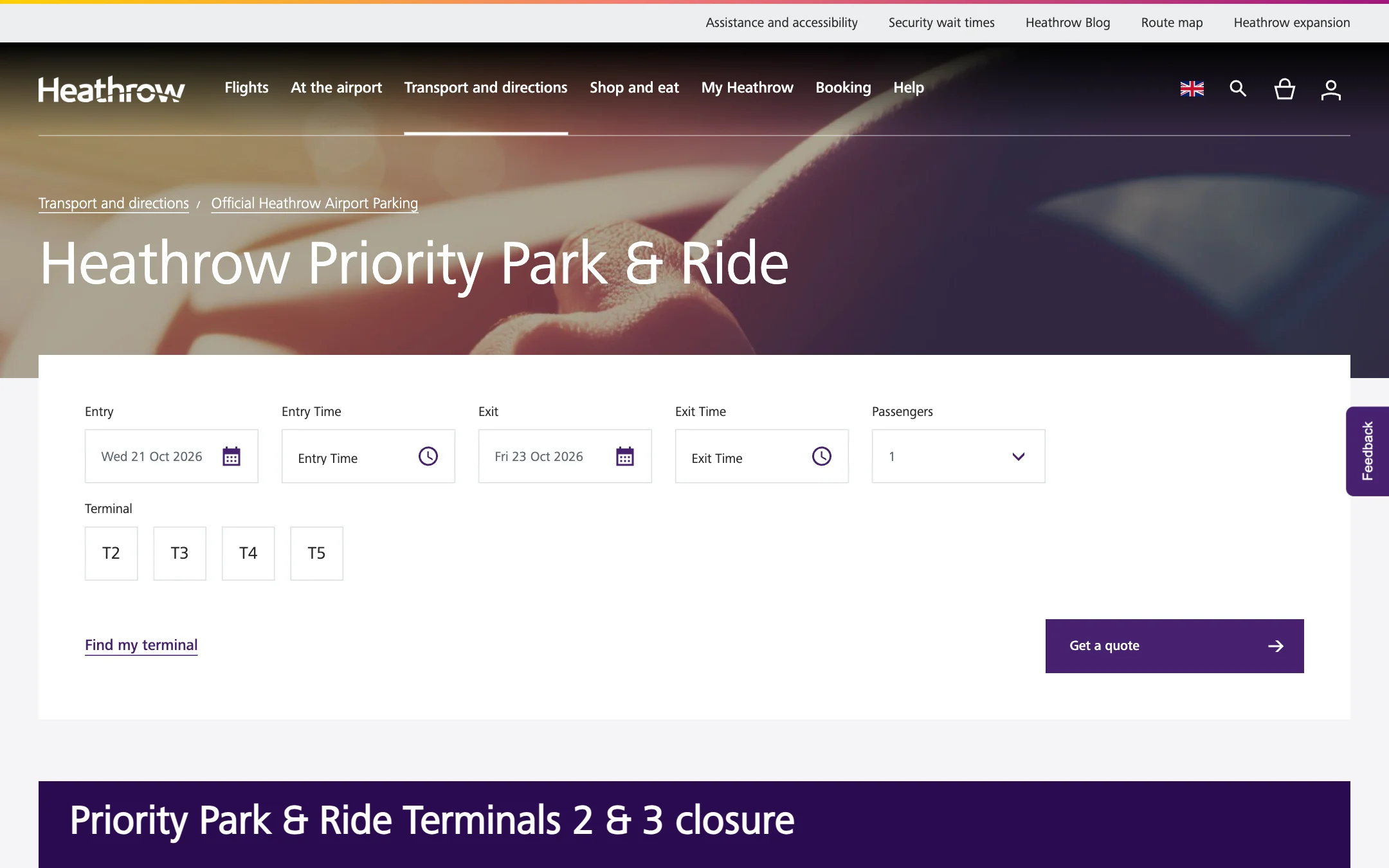 The Heathrow Priority Park & Ride page with the quote form and a notice about the Terminals 2 & 3 closure