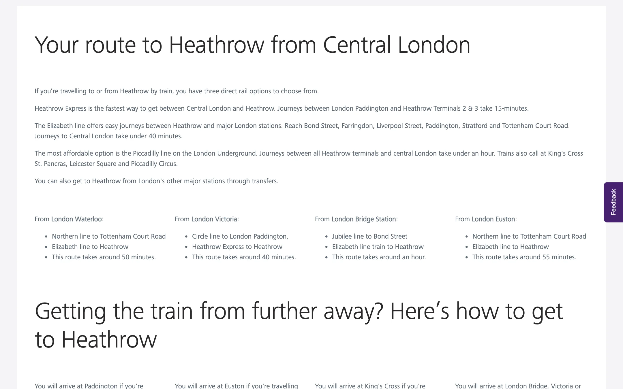 The Travel by train page's Your route to Heathrow from Central London: paragraphs on Heathrow Express, the Elizabeth line and the Piccadilly line, then transfer routes from four London stations