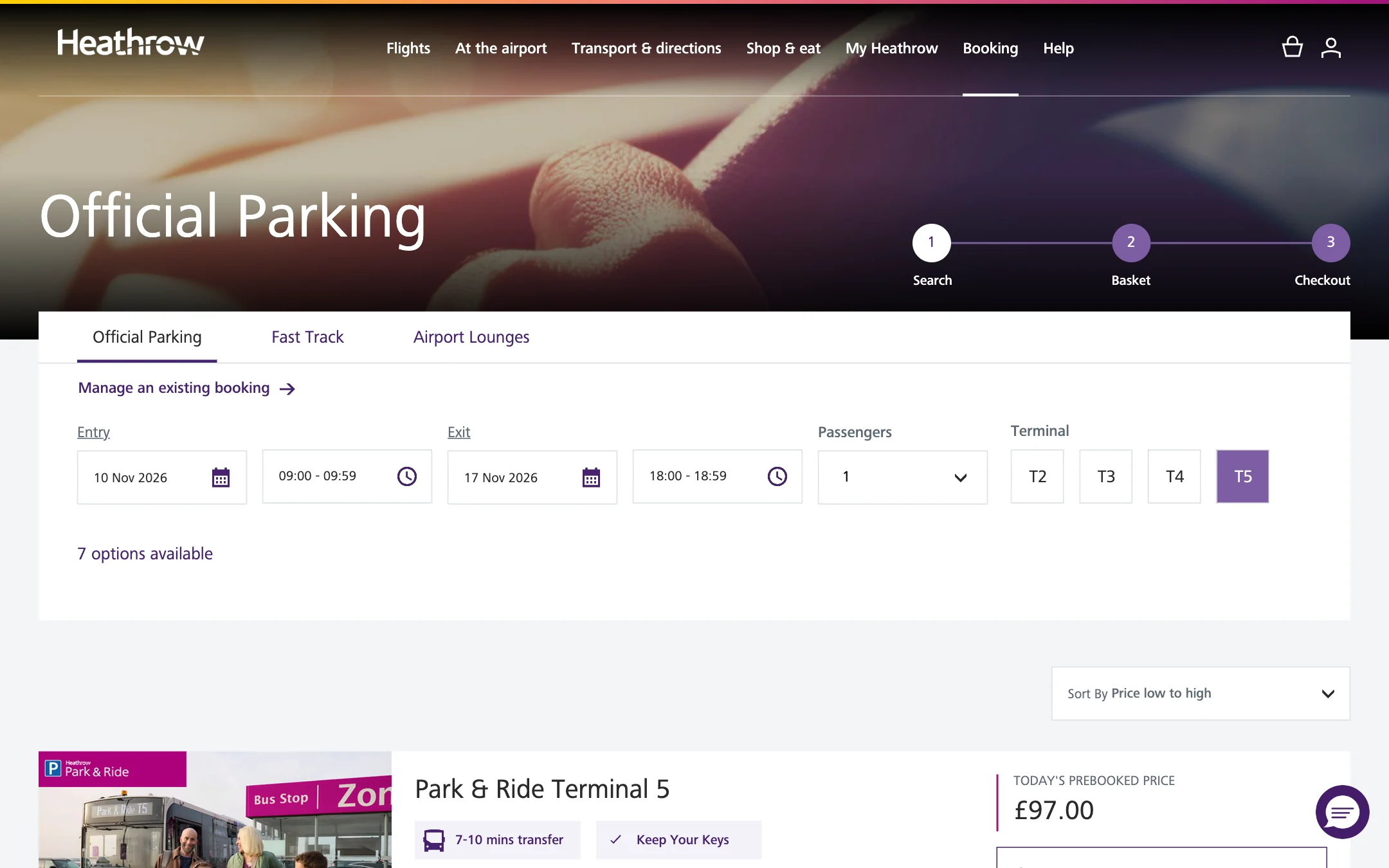 Quote results for a week at Terminal 5, with the Search, Basket and Checkout trail in the purple header