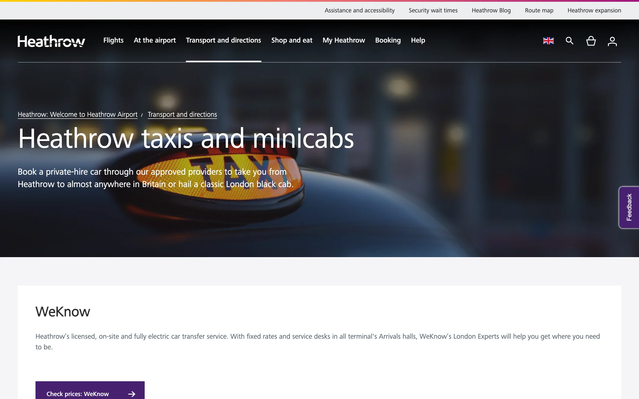 The Heathrow taxis and minicabs page: WeKnow, London black taxis, Airport taxi ranks, Car hire at Heathrow and Chauffeur service