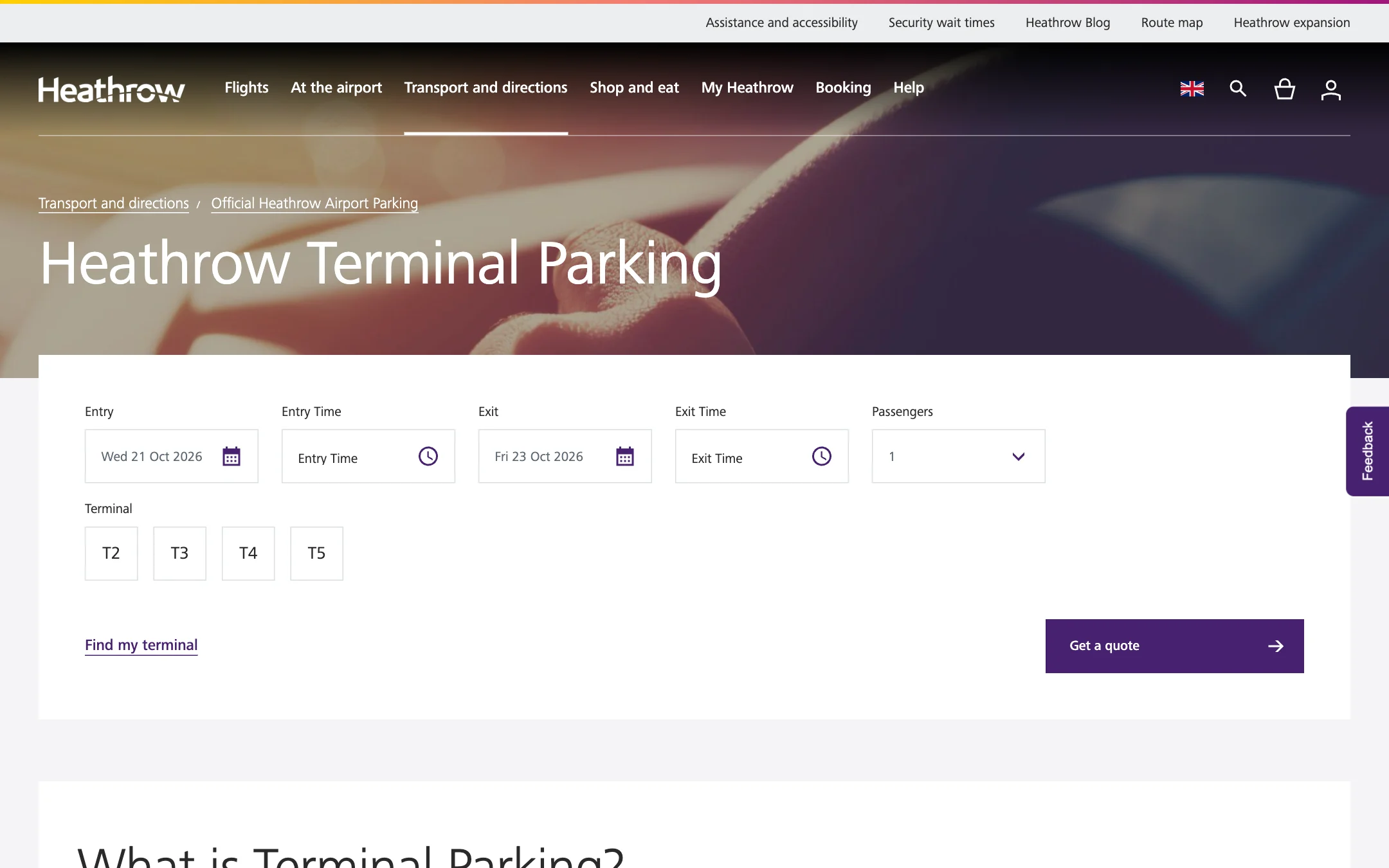 The Heathrow Terminal Parking page: a purple title band with a photograph of a car park, and the quote form beneath it
