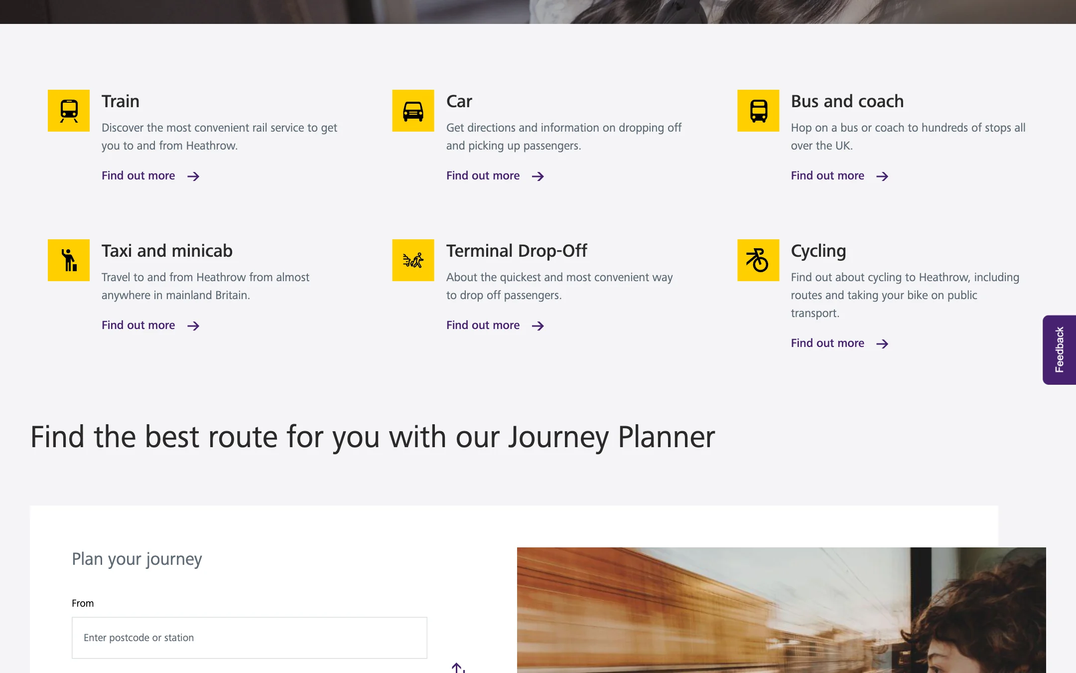 The six modes on the Transport and directions page, each with a yellow icon, a sentence and a Find out more link: Train, Car, Bus and coach, Taxi and minicab, Terminal Drop-Off and Cycling