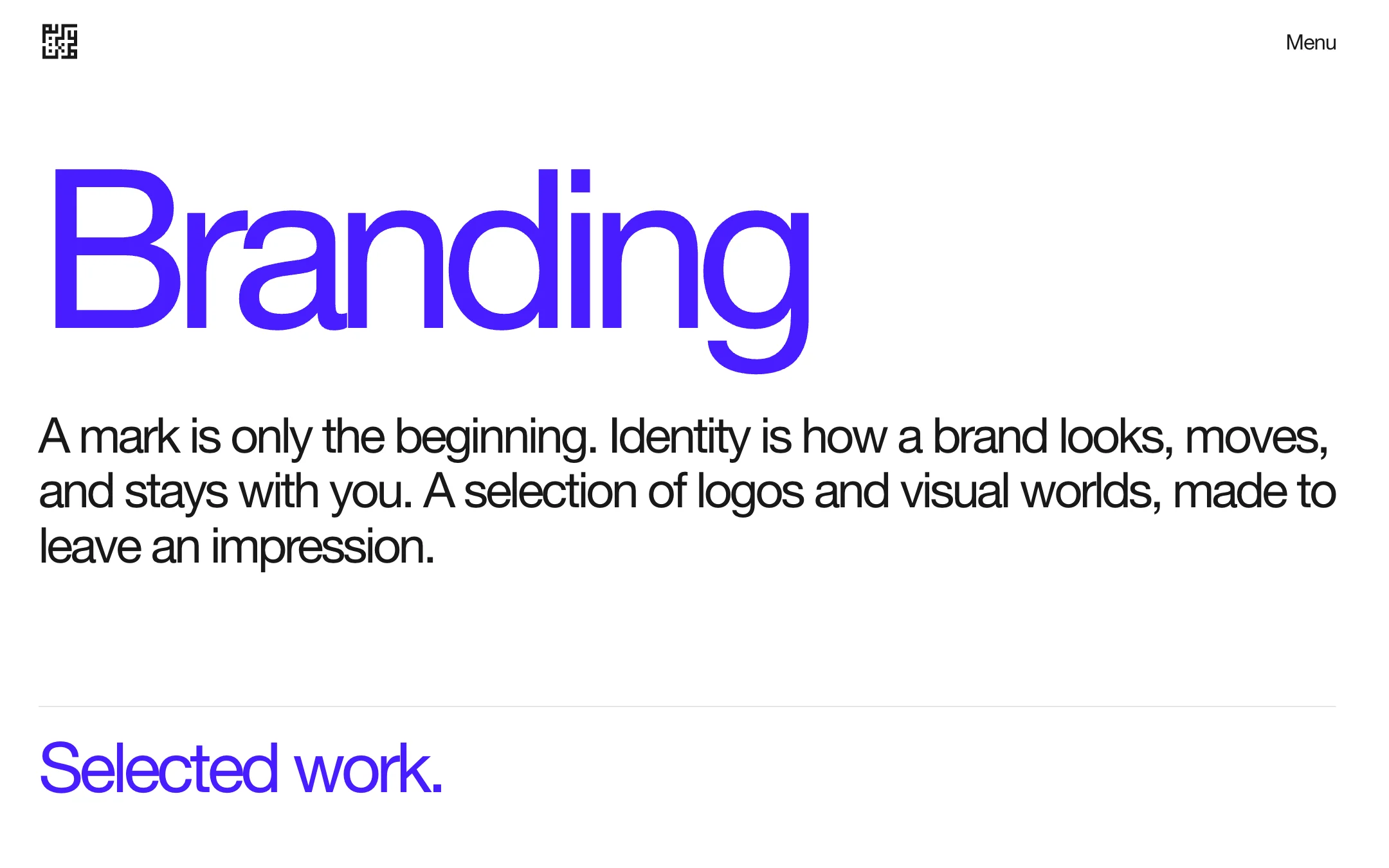 The Branding page: a large violet heading, a short statement about identity, and Selected work