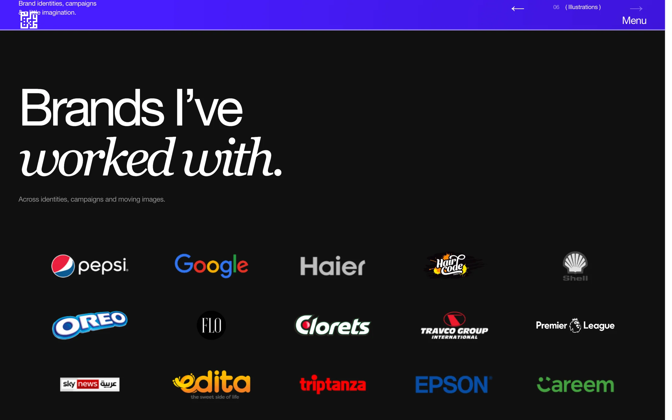 Brands I’ve worked with, on black, with logos including Pepsi, Google, Haier and Oreo