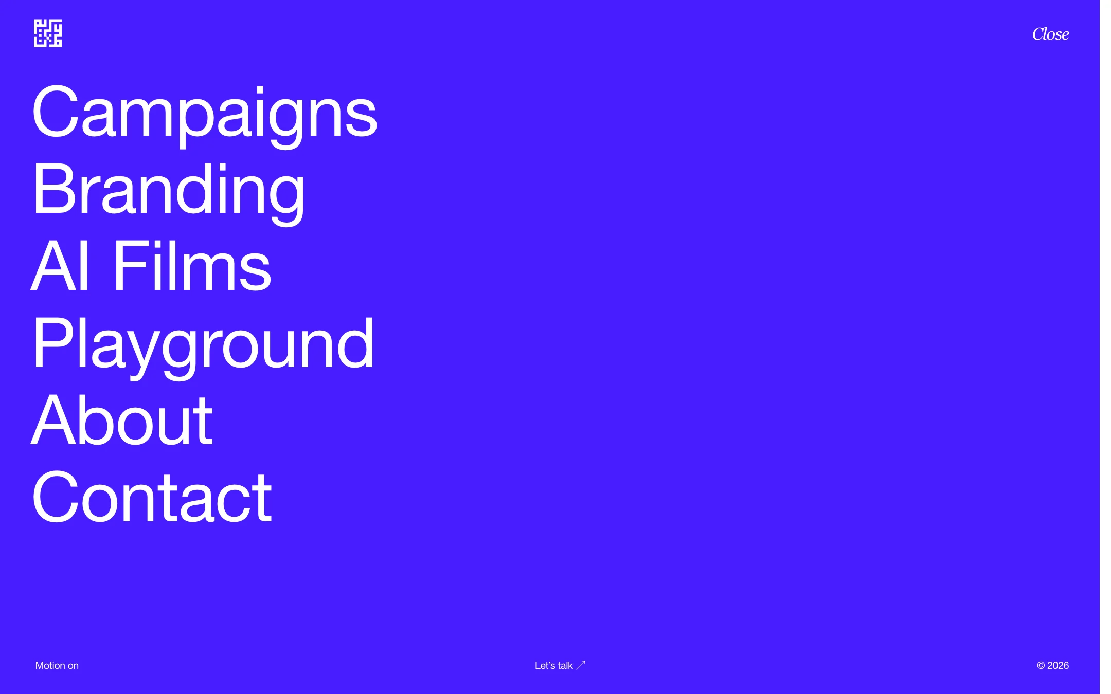 The open menu on violet: Campaigns, Branding, AI Films, Playground, About, Contact
