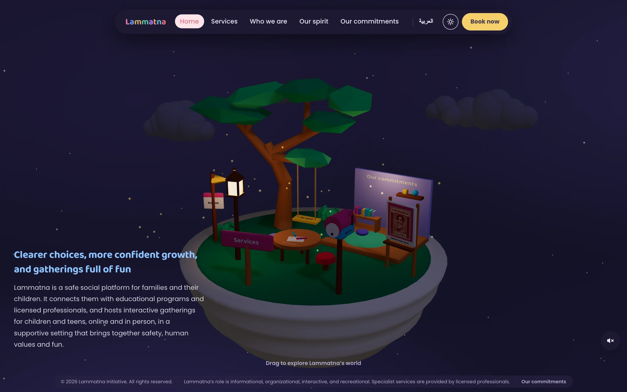The island in night mode: a dark starry sky, the lantern lit, the same tree and signs