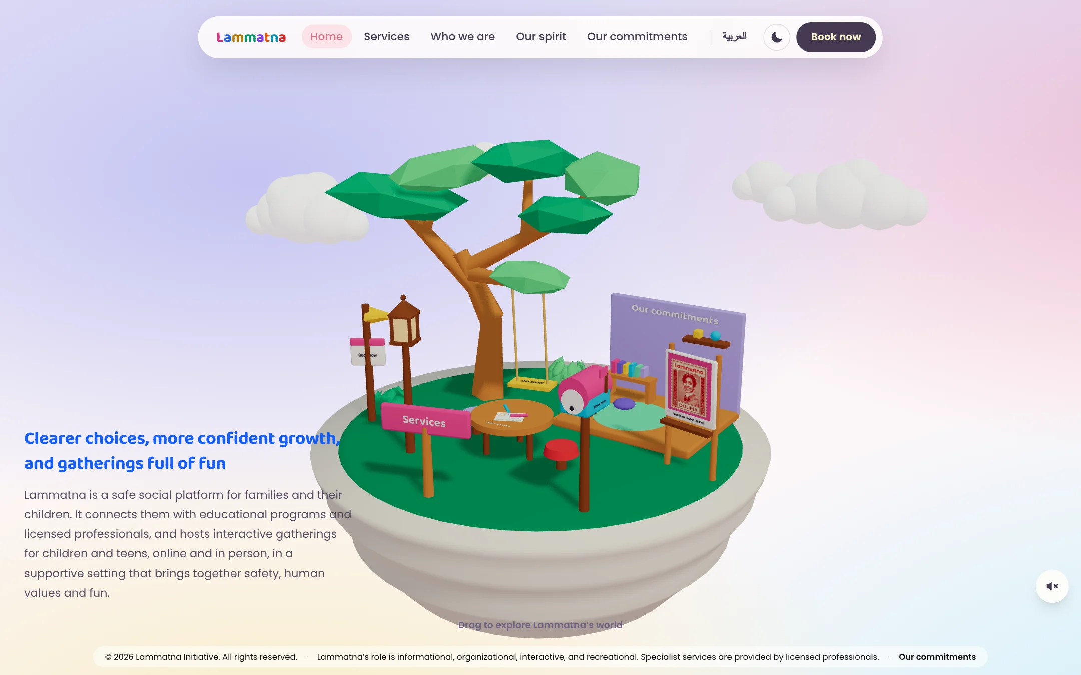 The island by day: a low-poly tree with a swing, tables, a lantern and signs, with soft clouds behind