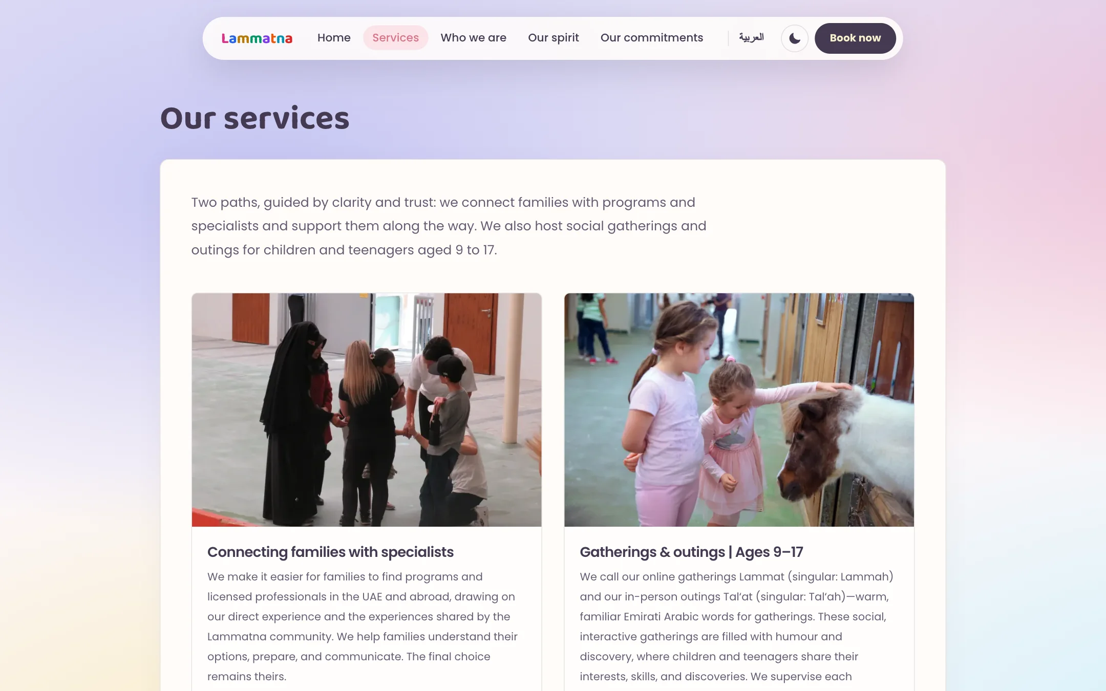 The services page: two cards with photographs, Connecting families with specialists and Gatherings and outings, ages 9 to 17