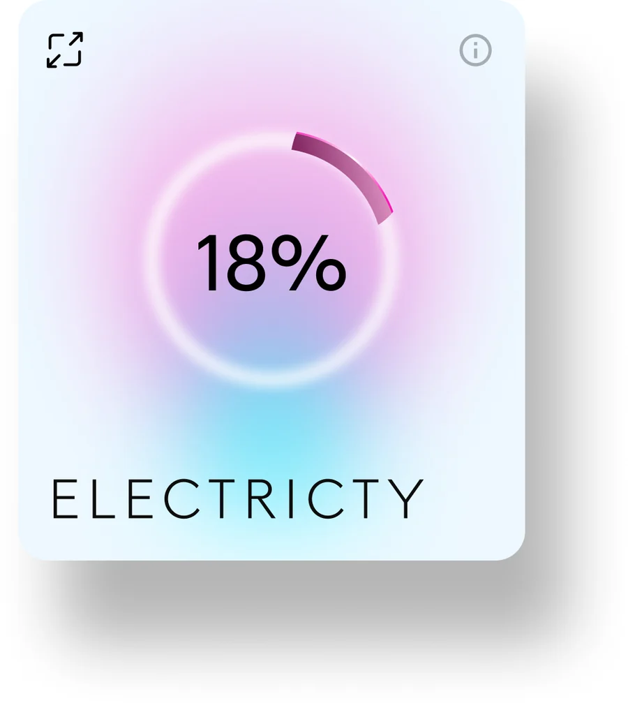 Electricity card with 18% inside a pink and violet ring on a frosted gradient