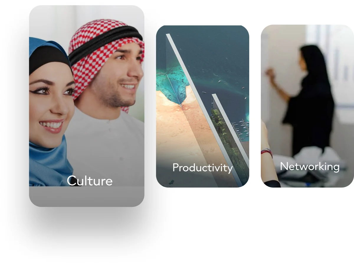 Three portrait cards titled Culture, Productivity and Networking
