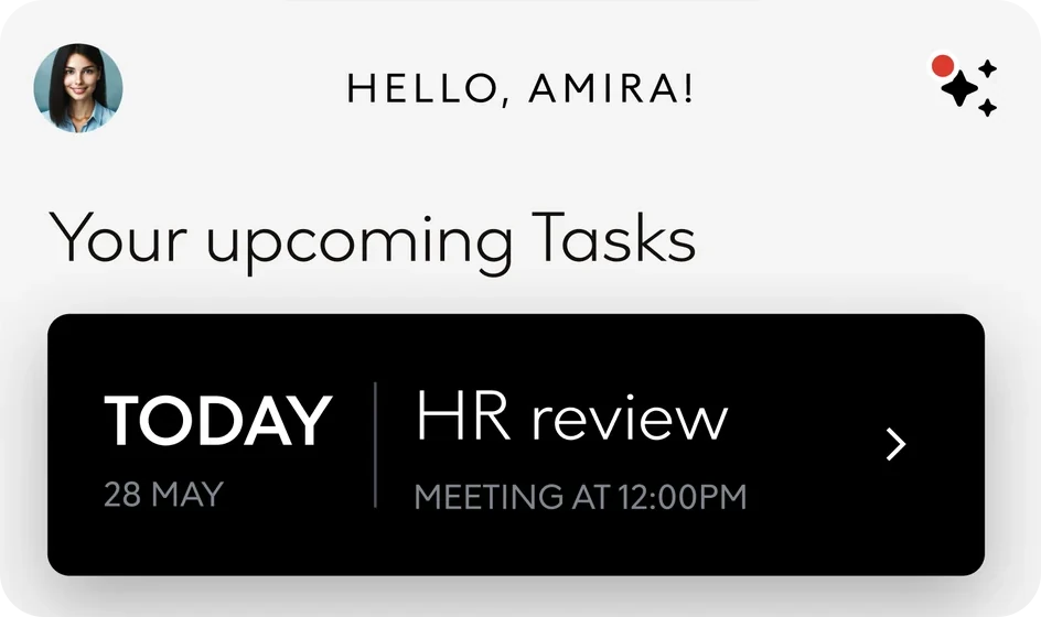 The top of the HR home: Hello, Amira! with the assistant's mark, then Your upcoming Tasks with today's HR review at 12:00 PM