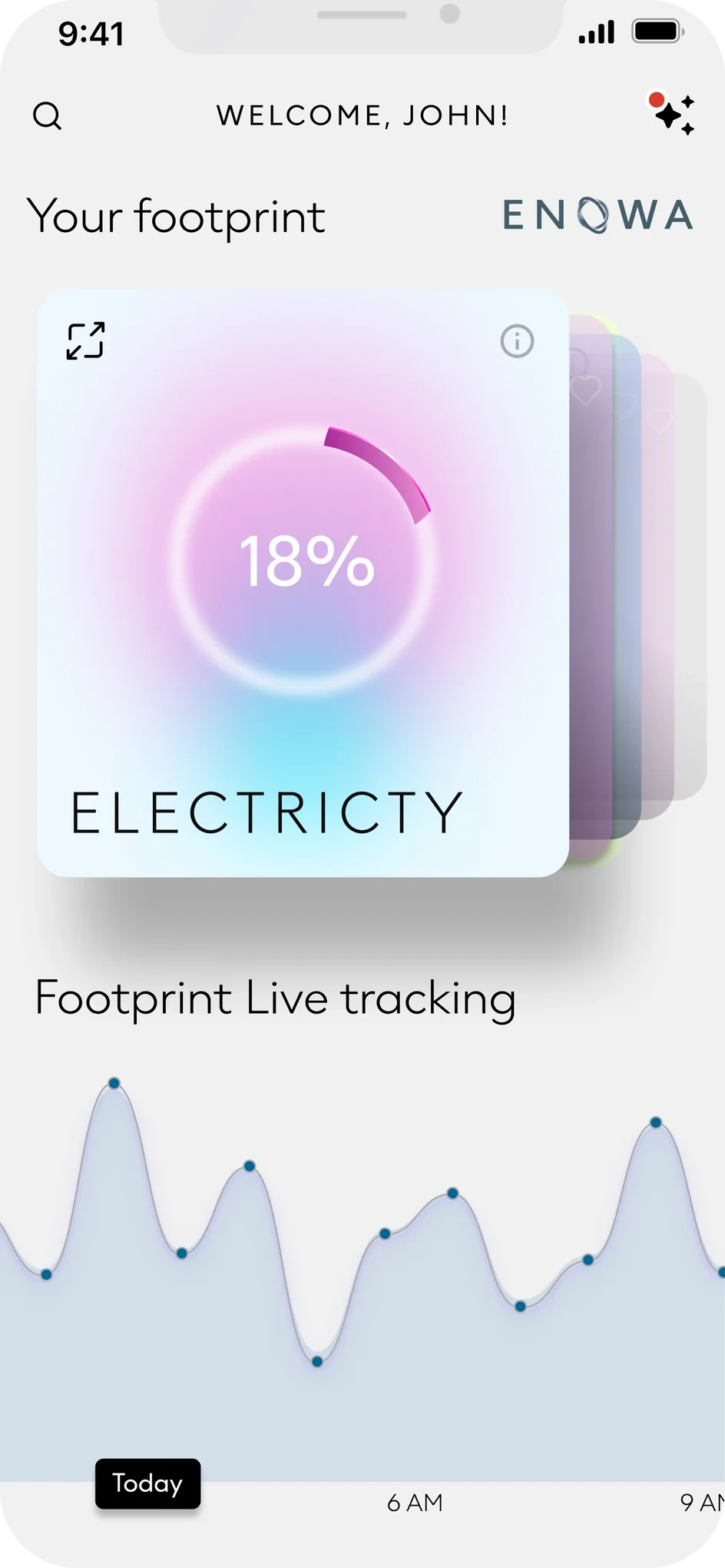 Utilities home: Welcome, John!, Your footprint from ENOWA with a stack of consumption cards led by Electricity at 18%, and a Footprint Live tracking line chart for today