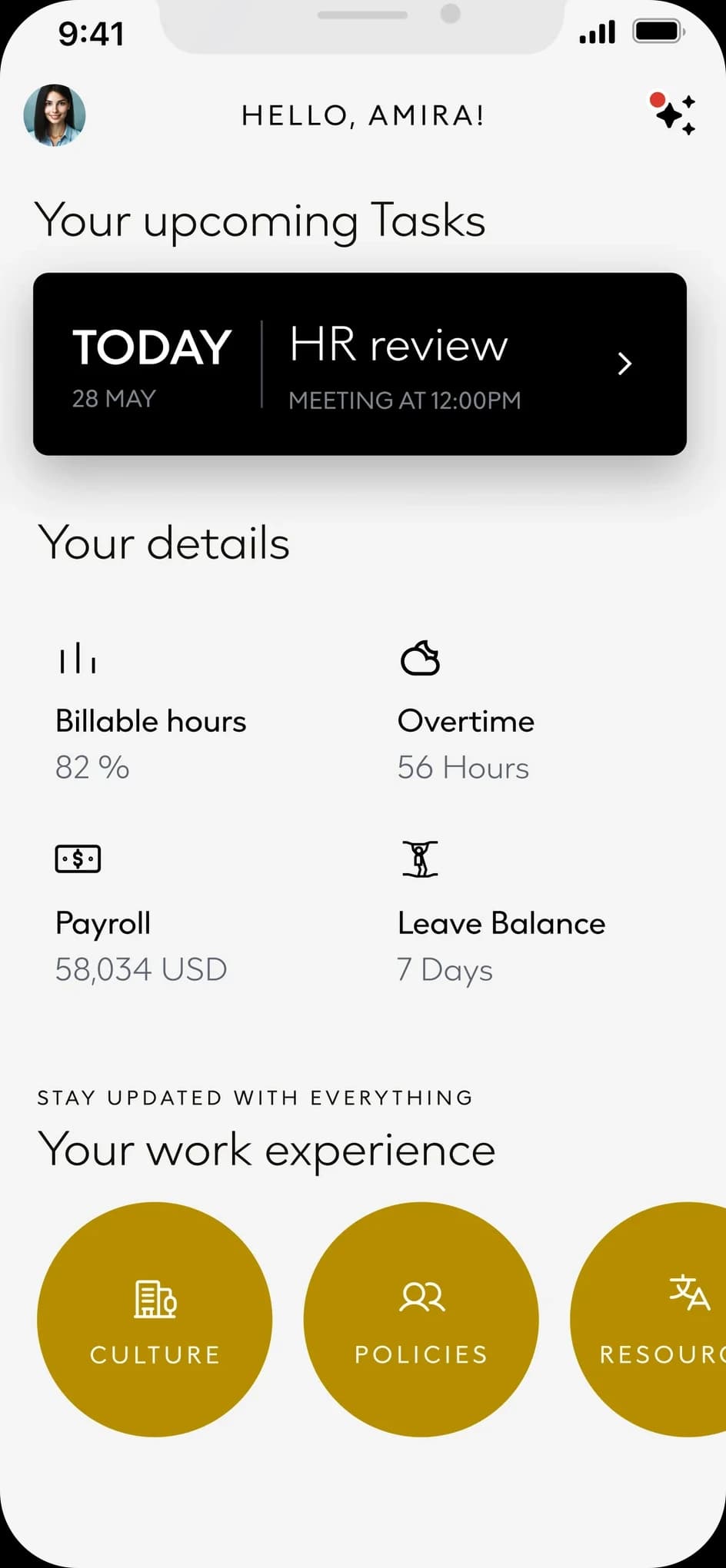 HR home: Hello, Amira!, Your upcoming Tasks with today's HR review at 12:00 PM, Your details with billable hours 82%, overtime 56 hours, payroll 58,034 USD and leave balance 7 days, and gold circles for Culture, Policies and Resources
