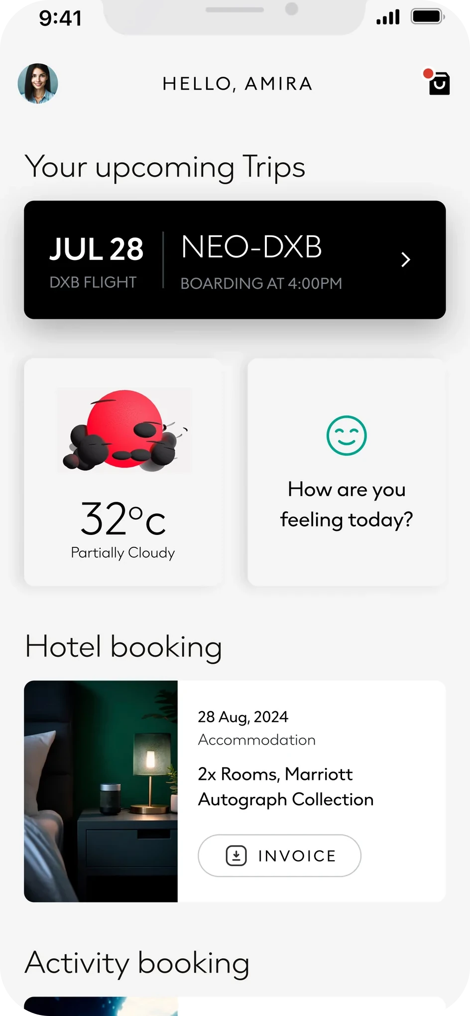 Travel home: Hello, Amira!, Your upcoming Trips with a DXB flight on 28 July, NEO to DXB, boarding at 4:00 PM, a weather tile at 32 degrees and partially cloudy, How are you feeling today?, and a hotel booking with its invoice