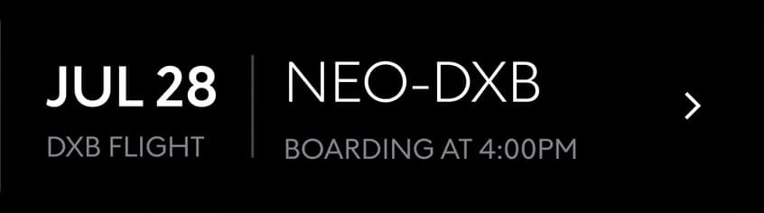 The upcoming trip: Jul 28, DXB flight, NEO to DXB, boarding at 4:00 PM