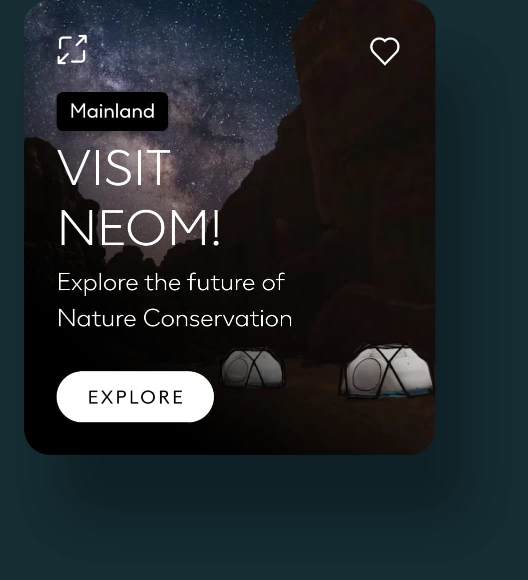 Mainland card with dome tents under a starry sky, titled Visit NEOM!