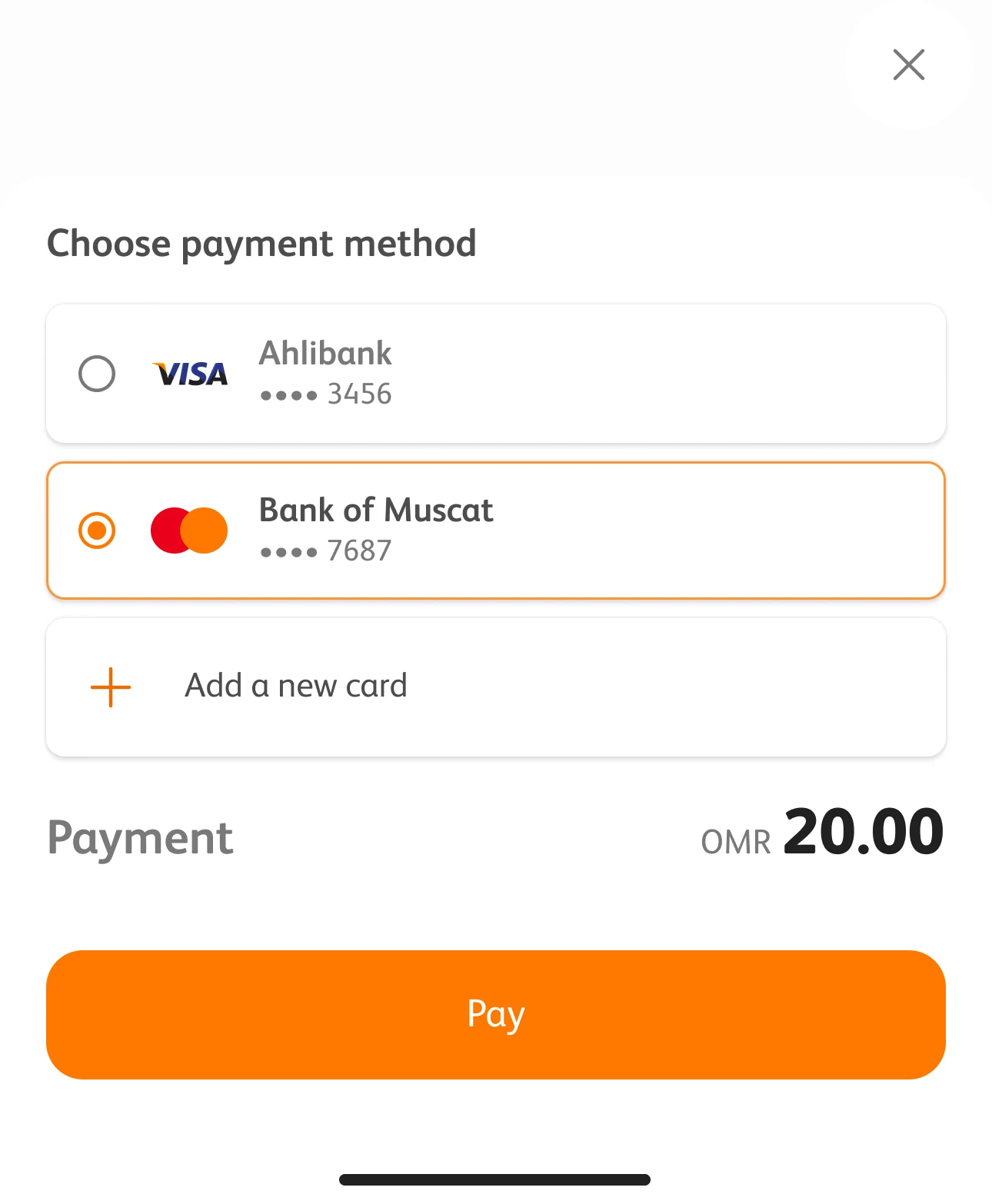 Payment method sheet with saved cards and Add new card