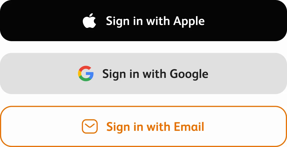 Sign in with Apple, Sign in with Google and Sign in with Email buttons