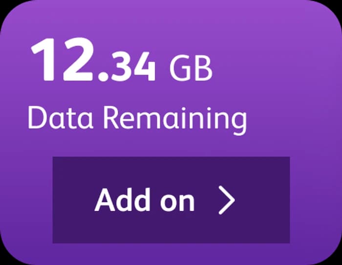 Quick action card: 12.34 GB data remaining, with an Add on button