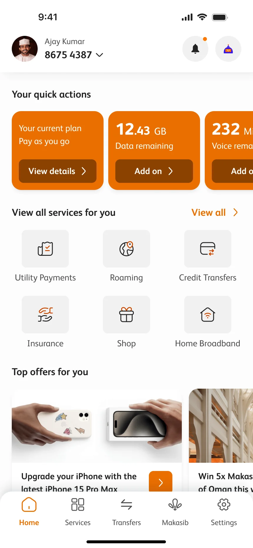 The home page after sign-in, with orange quick actions for a pay-as-you-go plan