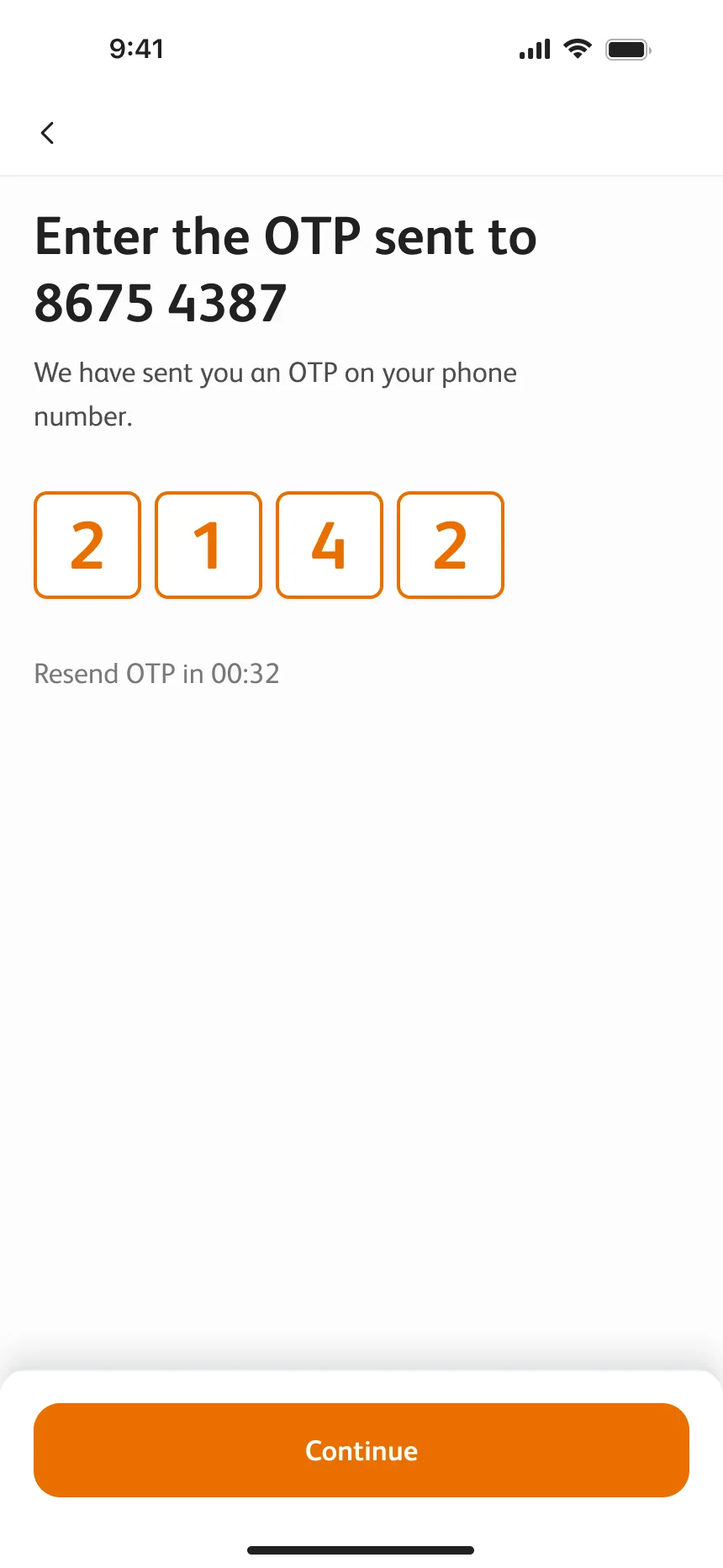 Enter the OTP sent to 8675 4387: four digit boxes and a resend timer