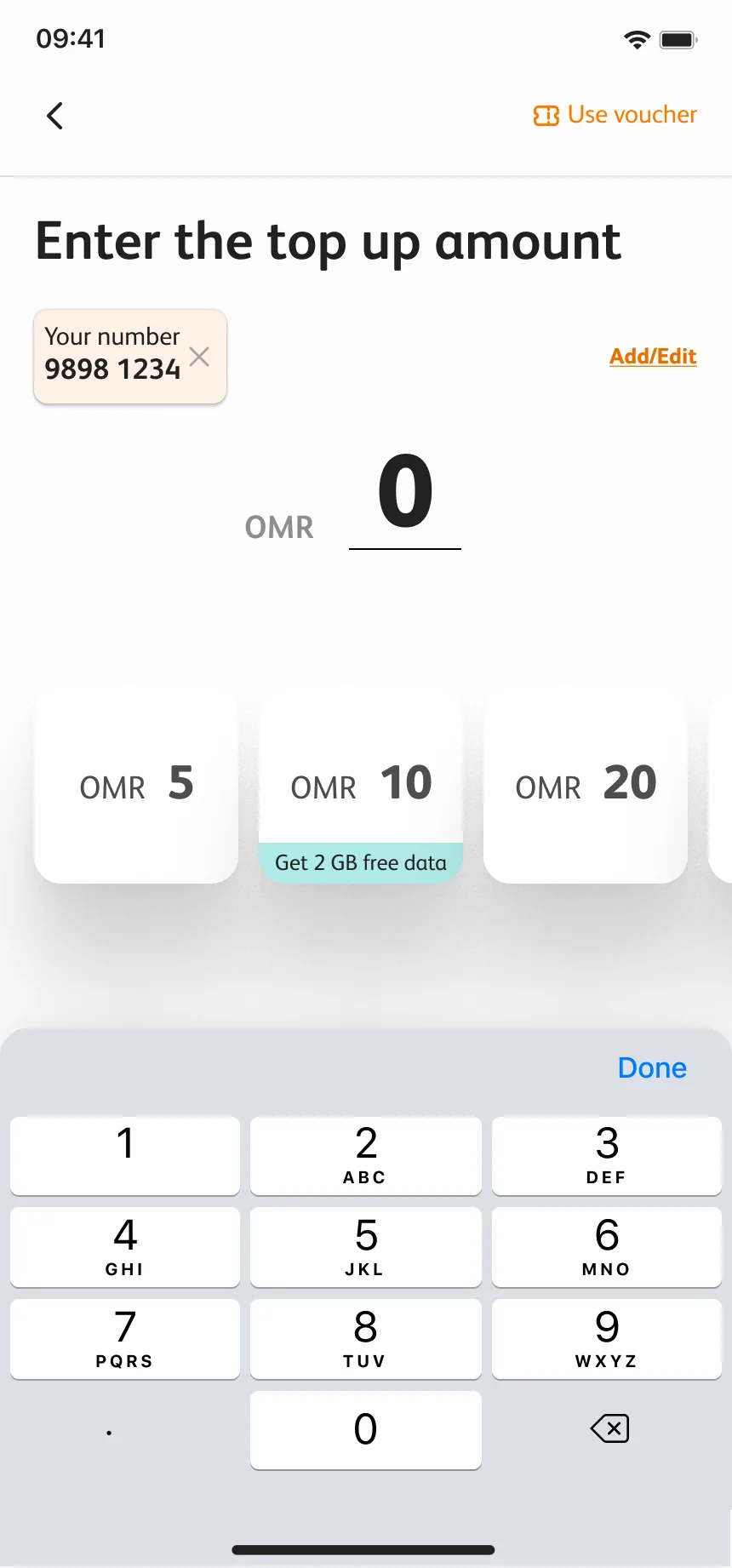 Enter the top-up amount, starting at 0, with quick amounts and a keypad