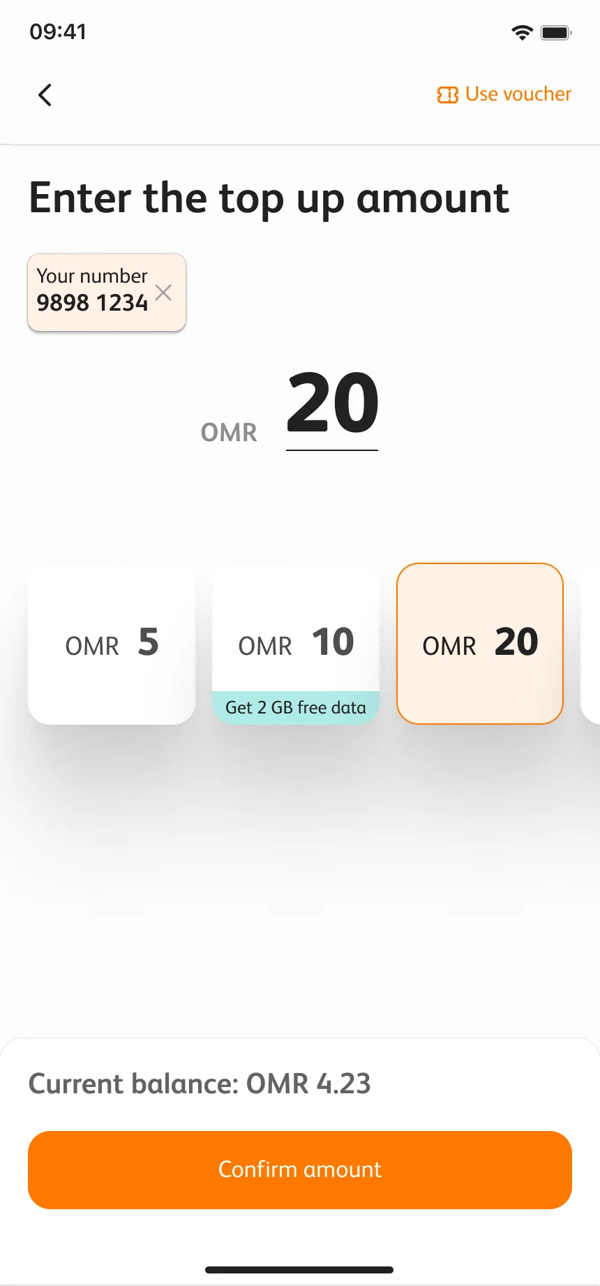 The amount set to 20 OMR with the balance after top-up shown