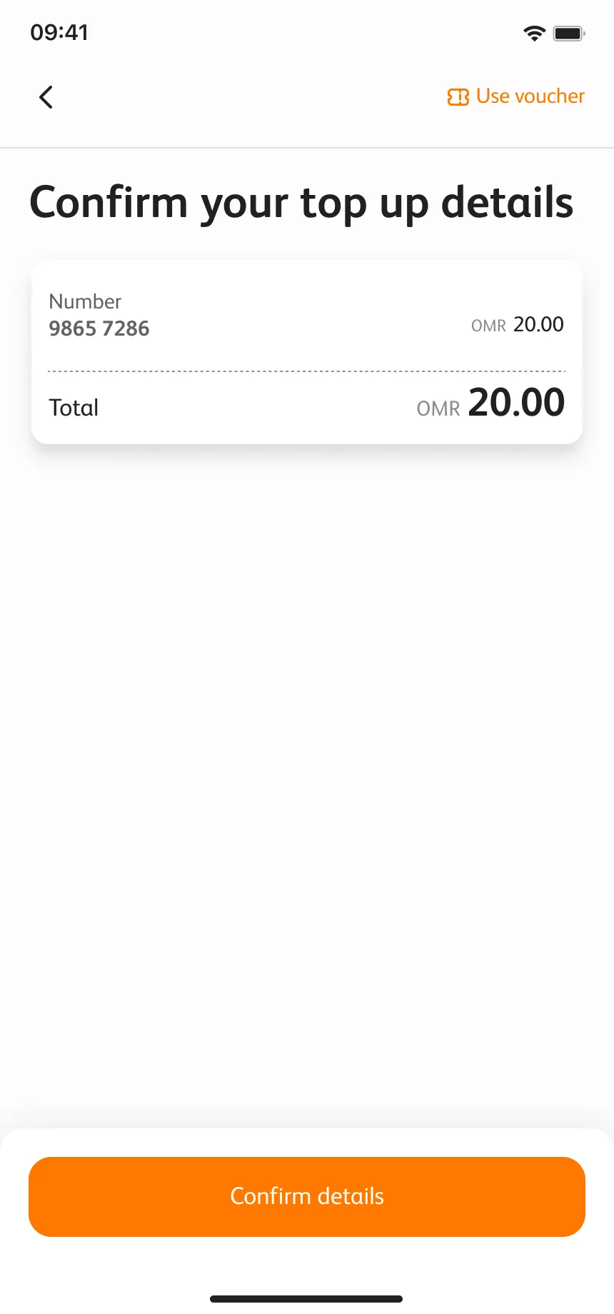 Confirm your top-up details: number, amount and total